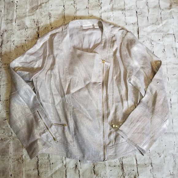 CHICO'S Gold Cream Moto Metallic Zip Blazer New - Picture 2 of 5